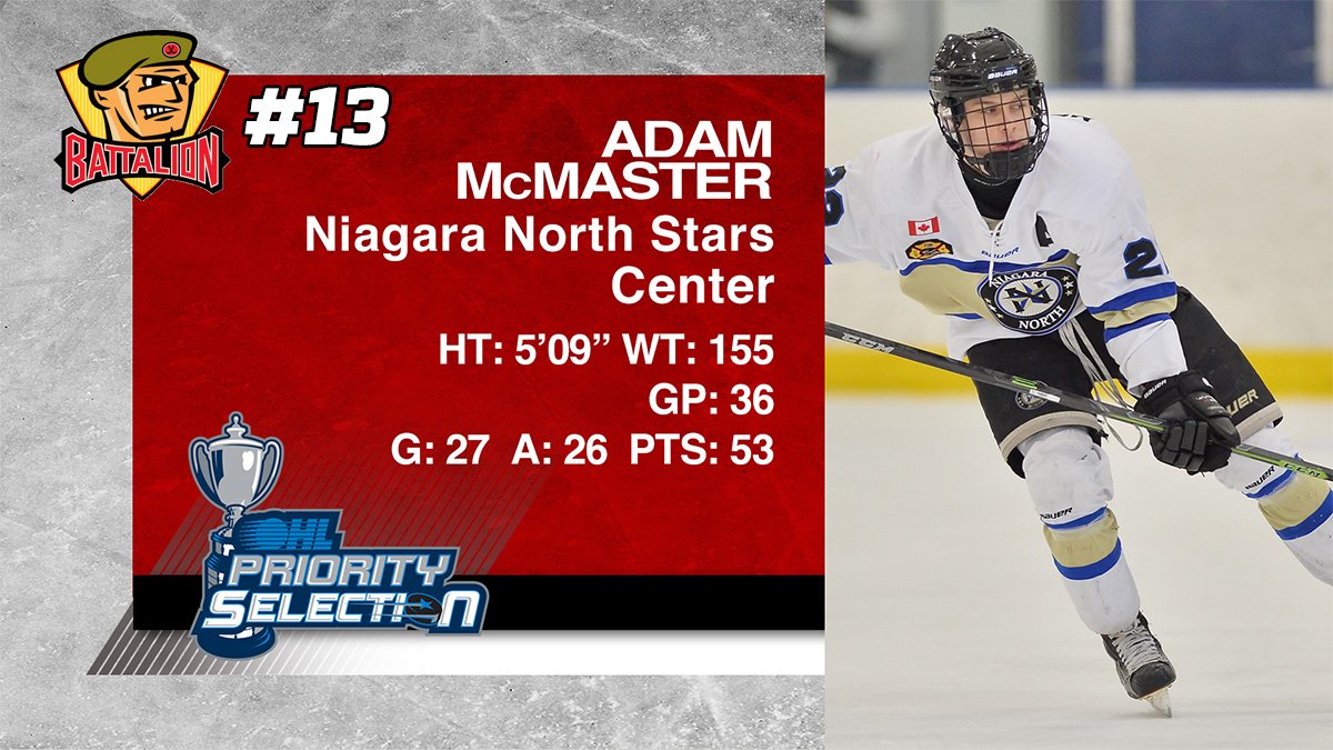 OHLHockey's tweet image. Congrats Adam McMaster of @HometownHockey @niagaranorthaaa selected 13th overall by @OHLBattalion in 2016 #OHLDraft