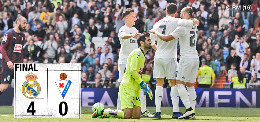 FT: Real Madrid 4-0 Éibar (<a href="/jamesdrodriguez/">James Rodríguez</a> 5', <a href="/Lucasvazquez91/">Lucas Vázquez</a> 18', <a href="/Cristiano/">Cristiano Ronaldo</a> 19', <a href="/JeseRodriguez10/">JeseRodriguez10</a> 39').

#RMLiga