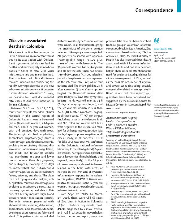 #Zika virus associated 4 deaths in #Colombia - case reports <a href="/TheLancetInfDis/">The Lancet Infectious Diseases</a> thelancet.com/journals/lanin… #LatinAmerica