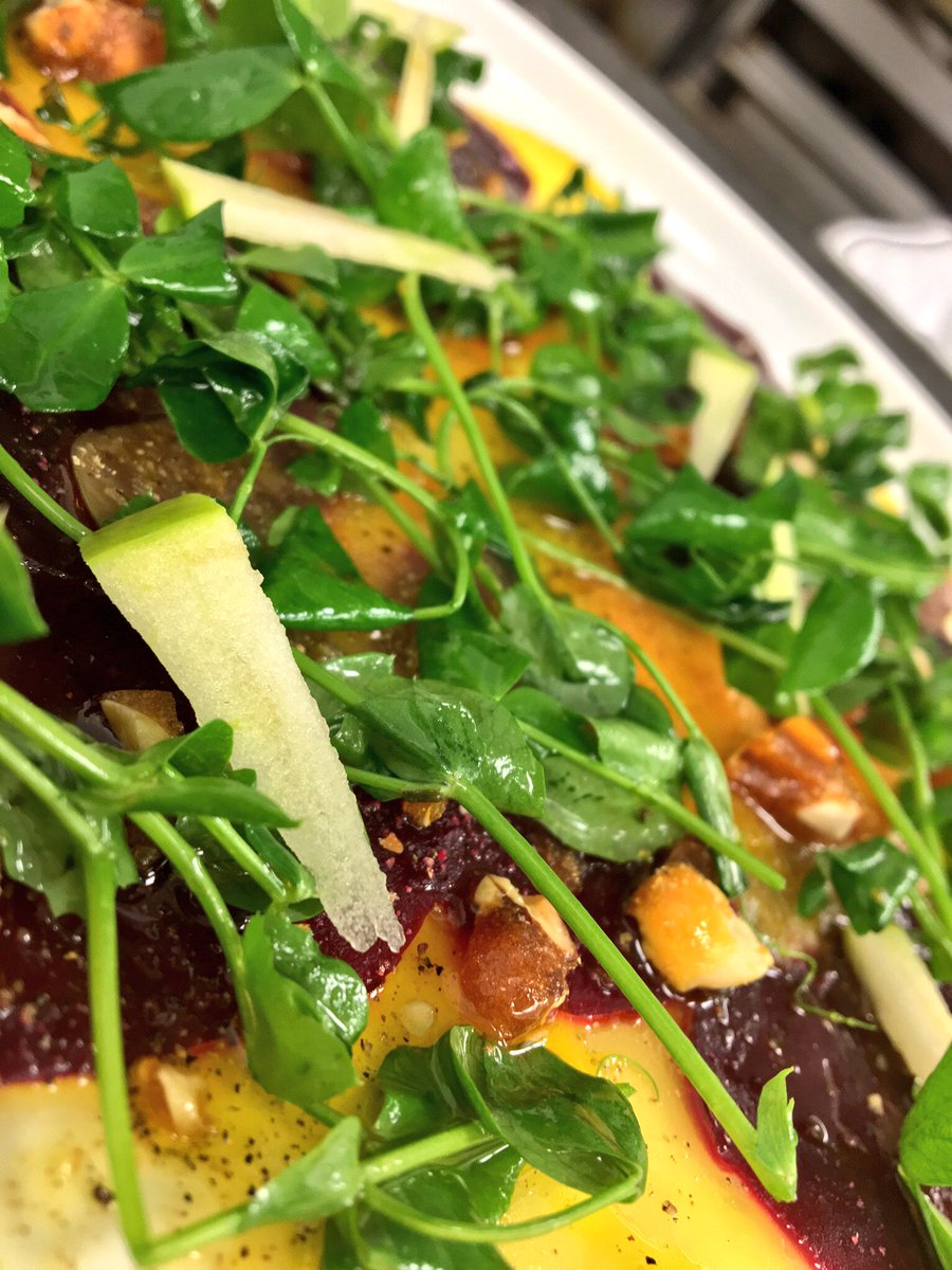 We have some additions to our vegan menu including this bright beetroot carpaccio with candied hazelnuts #yegvegan