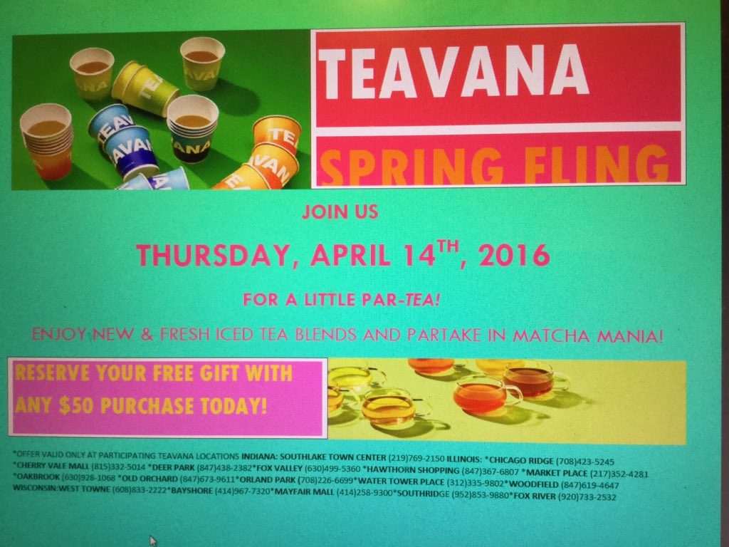 teavana29's tweet photo. It's almost time for our spring fling! Call to reserve your Gift With Purchase! @WaterTowerPlace @Starbucks https://t.co/MBOwxm5oFK