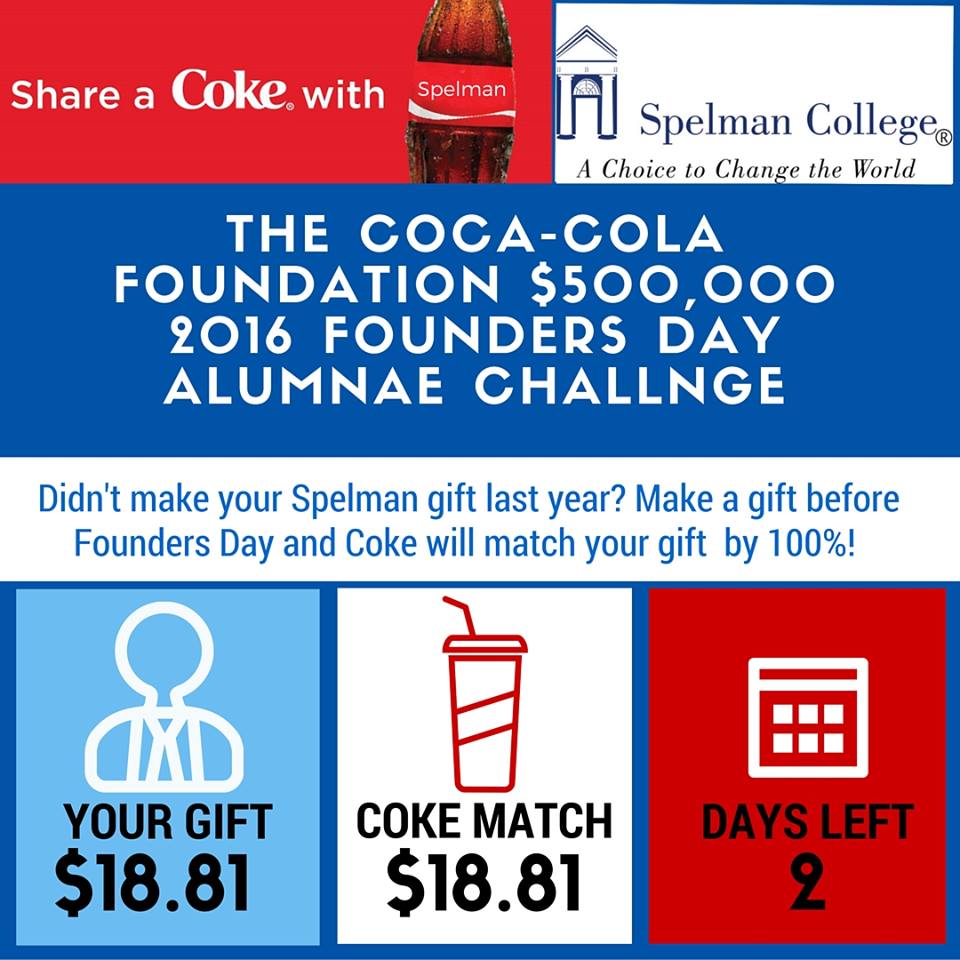 spelmanlane's tweet photo. Don't forget to make your Founders Day gift by April 11: https://t.co/7LA1n2xXRD #ShareaCokewithSpelman https://t.co/xbZcp7tDUQ