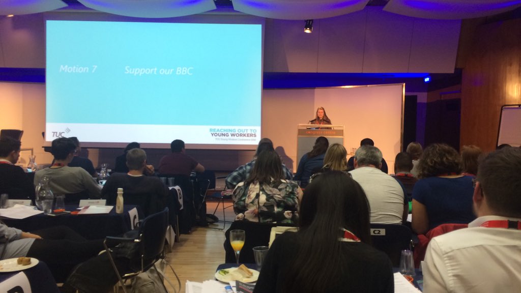 WeAreTheMU's tweet photo. We're at #TUCYWC16 calling on delegates across the union movement to support the BBC! #LoveItOrLoseIt #LetItBeeb https://t.co/PjquOoAje2