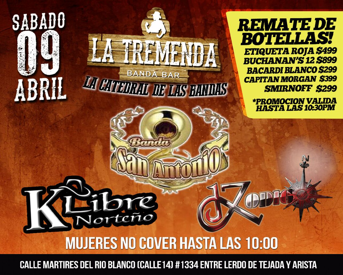tremendatorreon's tweet photo. Hoy sábado tres bandas en La Tremenda Banda Bar de #Torreón, no falten https://t.co/86EmwXEI12