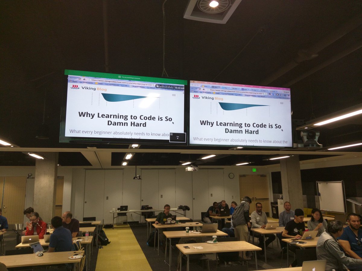 iC's tweet image. Why learning to code is so damn hard. All about imposter syndrome at #devstudyjam @seattlegdg