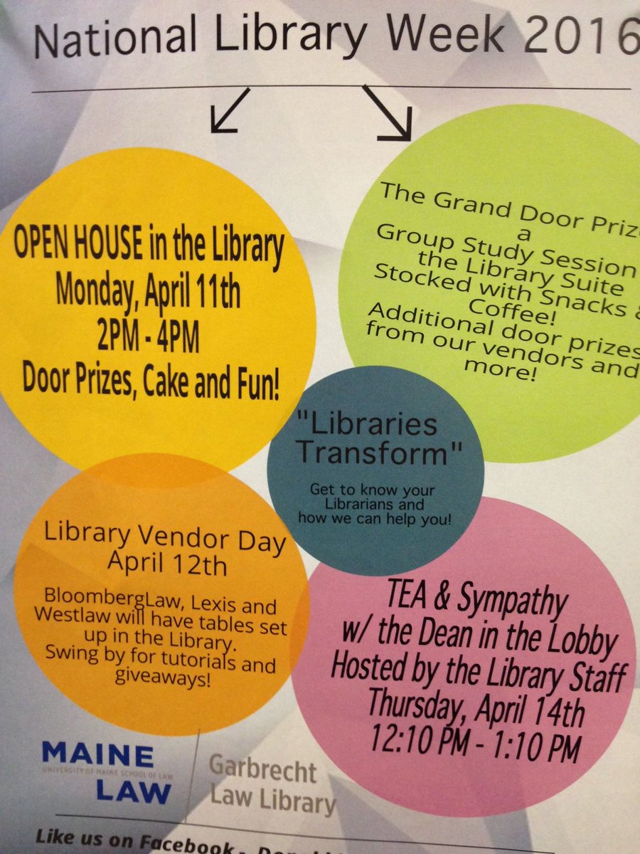 UMaineLaw's tweet photo. Next week is #NationalLibraryWeek! Don't miss out on gr8 activities planned by our wonderful @UMELawLibrary staff! https://t.co/wUPcOVtRVy