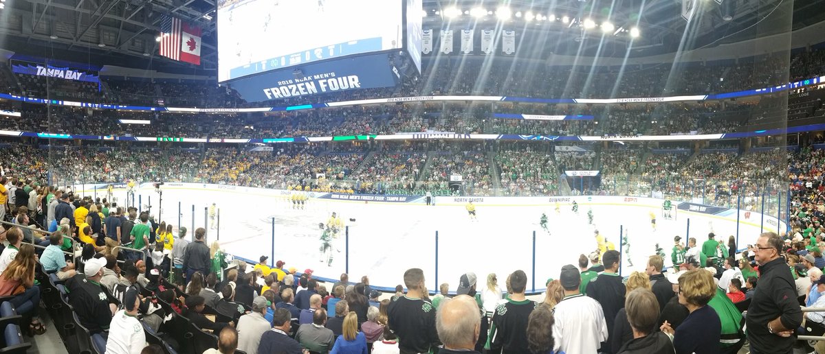 hrubese's tweet photo. Go @UNDmhockey! @FrozenFour Championship game in Tampa. #FightingHawks #RaiseIt #LLPPartner https://t.co/pKNXlKxgEF