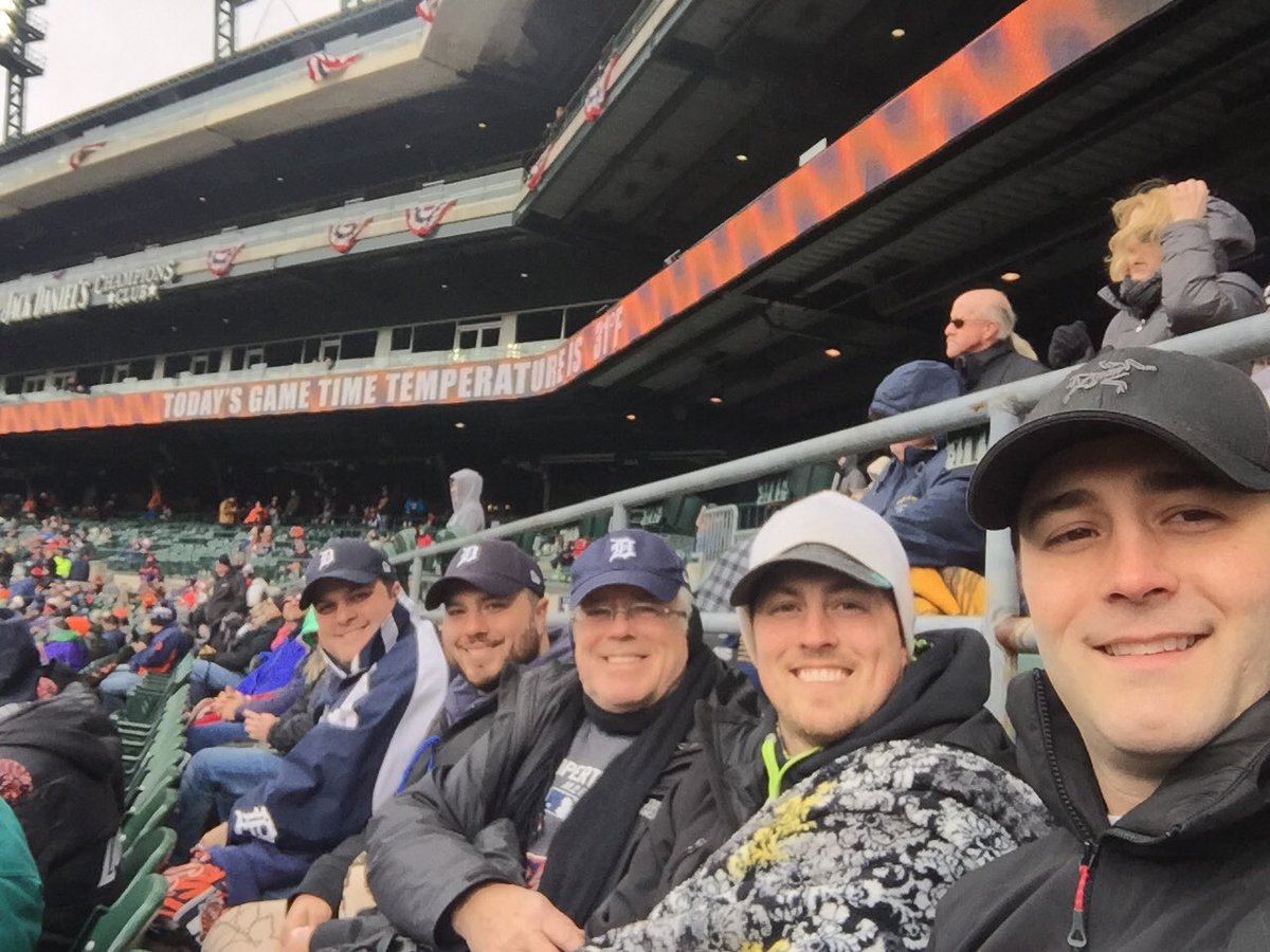 SammonsFam's tweet photo. With lots of layers on, handwarmers, and blankets totally enjoying the Tigers game with my sons. https://t.co/BxKLF2sOFL