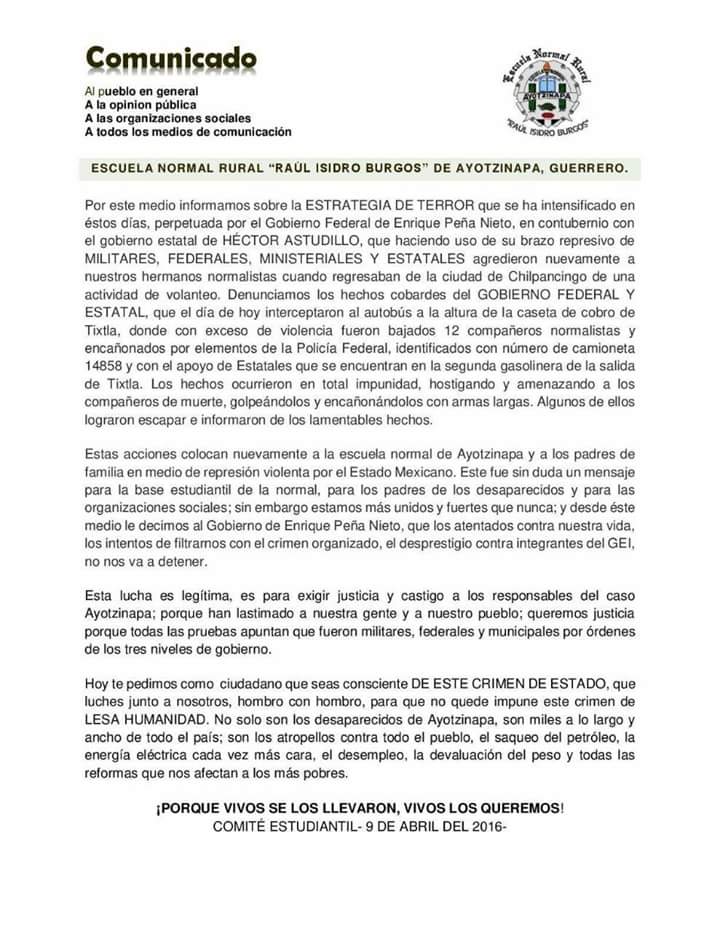 anonopshispano's tweet photo. COMUNICADO de la Normal de #Ayotzinapa sobre la brutal agresión sufrida hoy a manos de policías y militares https://t.co/NlNeV6zjyd