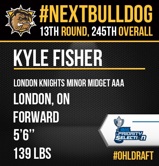BulldogsOHL's tweet image. We are pleased to welcome Kyle Fisher to Hamilton #OHLDraft #NextBulldog