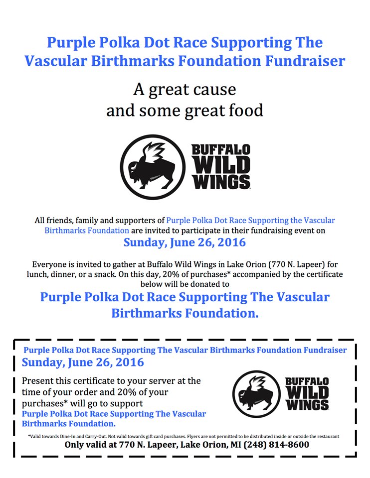 ppdr5k's tweet photo. Join us at BW3 in Lake Orion on June 26, 2016! 20% of your bill goes to the @VBirthmarks Foundation! #ppdr https://t.co/brpT8T73YO