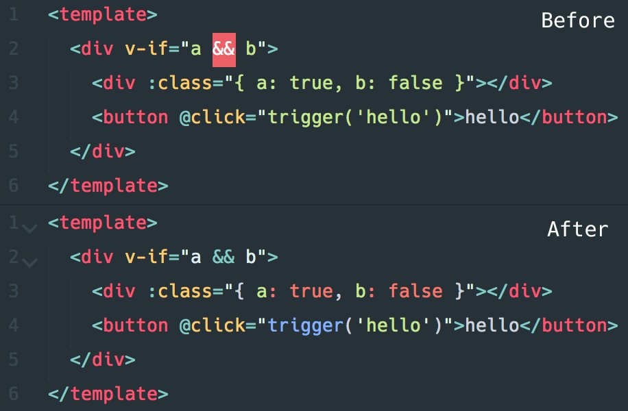 vuejs's tweet image. vue-syntax-highlight 3.0 now highlights vue directive expressions:
