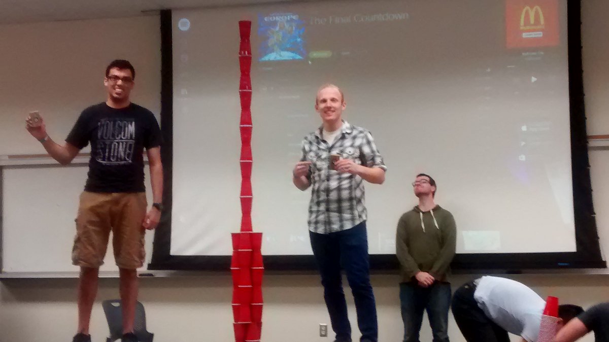 hackusu's tweet photo. Congrats to Aggie Hack Day's cup stacking champions! 24 cups tall is no small feat! #AHD16 https://t.co/PkRjIKydN9