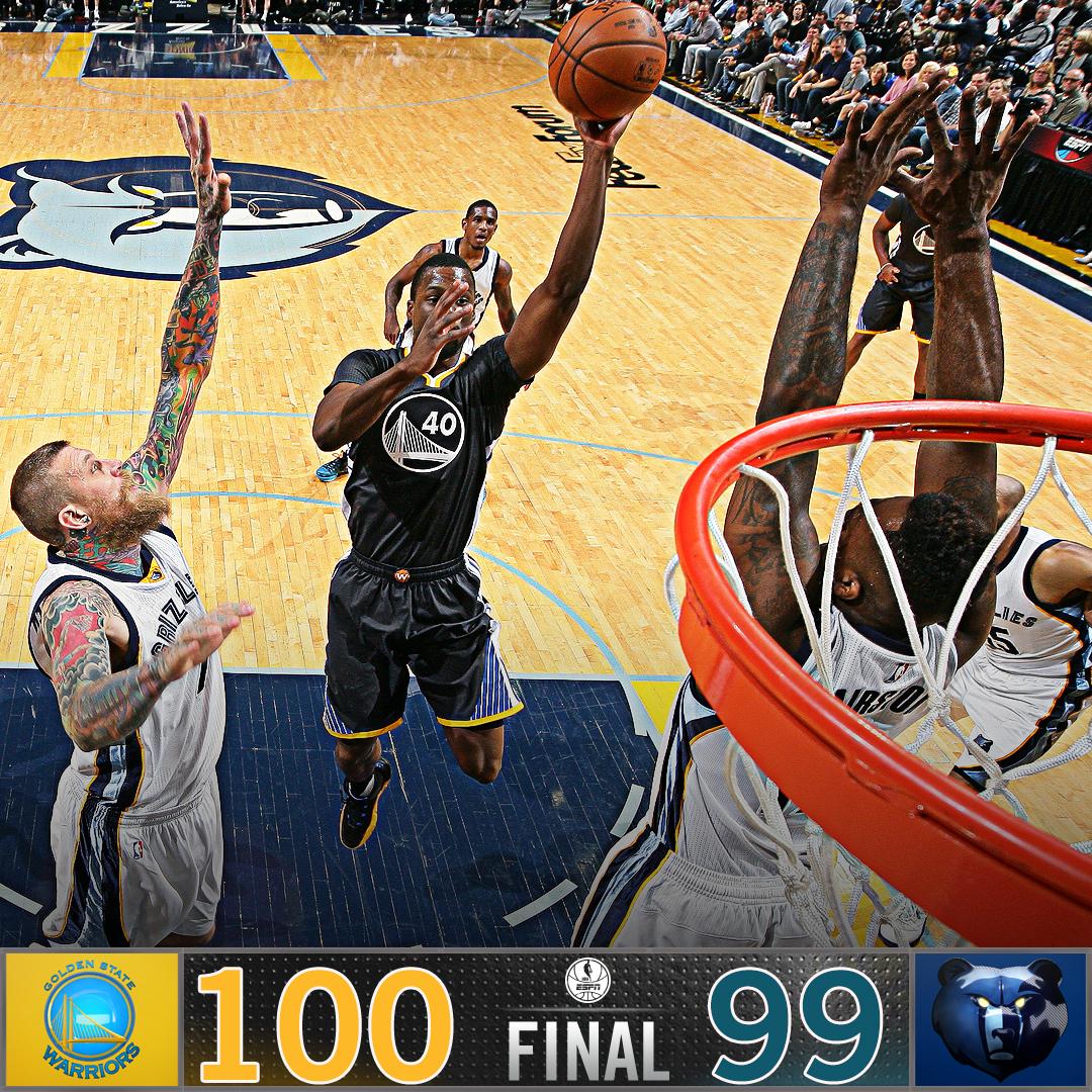 ESPNNBA's tweet photo. Warriors rally to beat Grizzlies, 100-99.  They tie the 1995-96 Bulls for most road wins in a season with 33. https://t.co/rdRdhZwidi