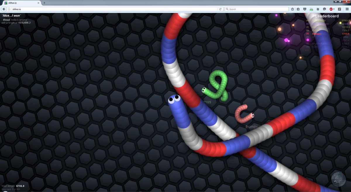 XxXMiZDXxX's tweet photo. After about a million tries, I finally made it onto the @slitherio leaderboard and died soon after, typical! https://t.co/Rs6i7nnoCx