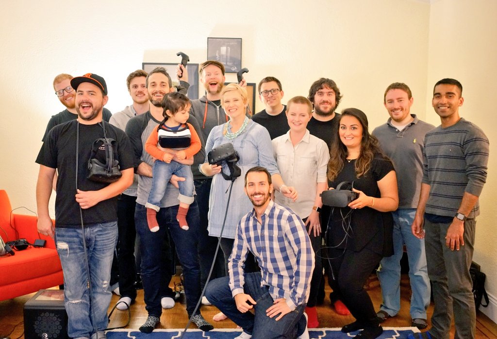 Stammy's tweet photo. At the world's first VR LAN party. We've got 2 oculus rifts, 2 vives and 2 VR startups 😂 #VRty https://t.co/d5eUTtbcpA