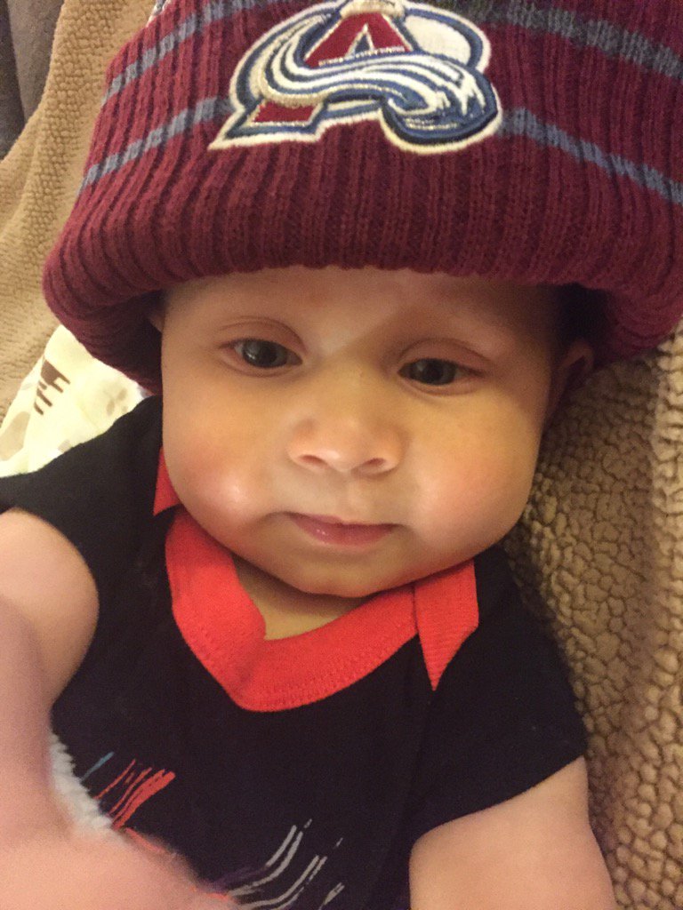 MLasenbery's tweet photo. Little B is so sad the Avs season is over! 😞 @GabeLandeskog92 @Avalanche https://t.co/KfYmw2p3LI