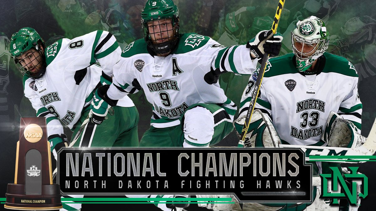 NCAAIceHockey's tweet photo. NATIONAL CHAMPIONS!!!!!!!!

For the first time since 2000, North Dakota wins the CHAMPIONSHIP! #FrozenFour https://t.co/K1FTVeFB73