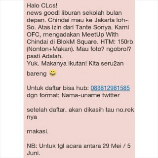 ClcsJaktim's tweet photo. Siapa yg kangen @ChindaiGloria ?? Yuk ikut ini, insyaallah mimin juga ikut ;) hihi @OFCindailicious https://t.co/KpU62ZIsU1