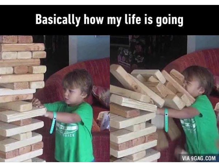 DrCannabina's tweet photo. This is how I feel with 2 weeks left of class and life #jenga #tumbleeffect #life #holdingupthepieces https://t.co/UiutWqml2y
