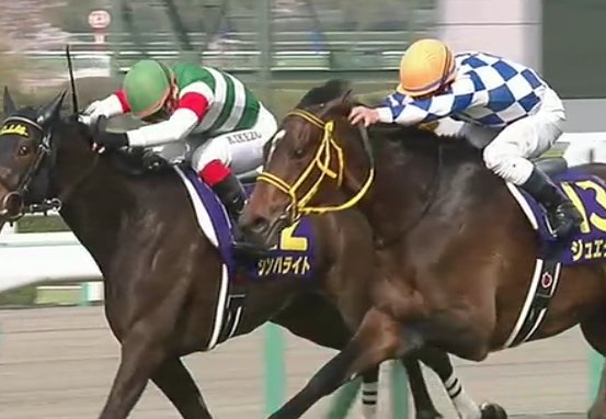 horse_memorys's tweet photo. スミヨン騎手も接戦になるとゴール寸前でやってたけど、デムーロ騎手もゴールする寸前だけ極力腕曲げずジュエラーの頭抑え込んでた https://t.co/IwDTaTx9nW