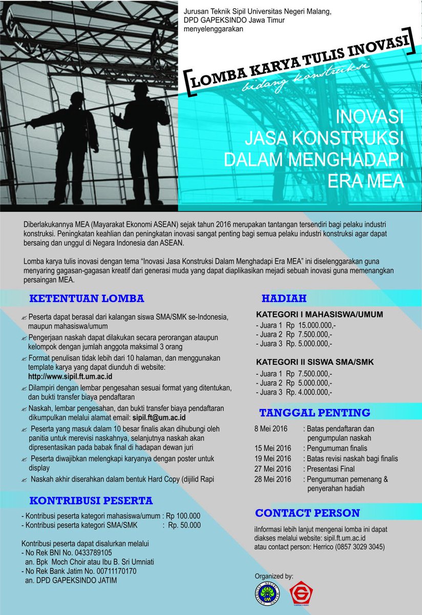 HMS_Polinema's tweet photo. Lomba Karya Tulis Inovasi Teknik Sipil FT UM J.O. Gapeksindo https://t.co/87fo50QbGq https://t.co/y9Oe4LcJI8