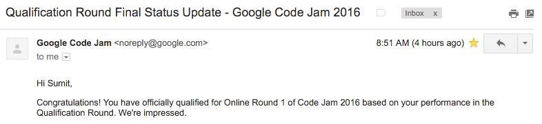 sumit12dec's tweet image. After 27 hours of on-stretch coding, Happy to be qualified for the next round #GoogleCodeJam