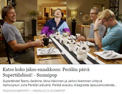 Tästä Tänään alkavan #supertähdet ohjelman Koko pöytäkeskustelu Perälän päivästä!! :)Tiukkaa
radiosuomipop.fi/#!/post/5707ba…