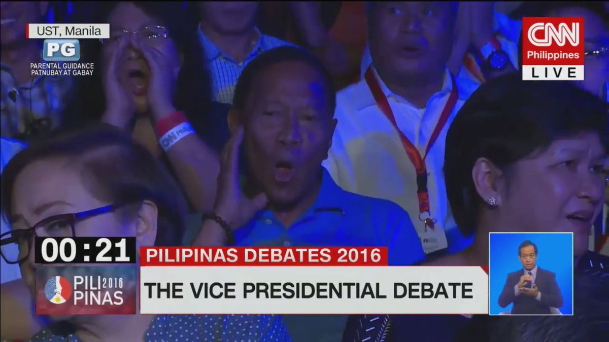 inquirerdotnet's tweet photo. Binay, in crowd, boos as Trillanes tells the public of his corruption. | @banderainquirer #PiliPinasDebates2016 https://t.co/vnkB5oqWXc