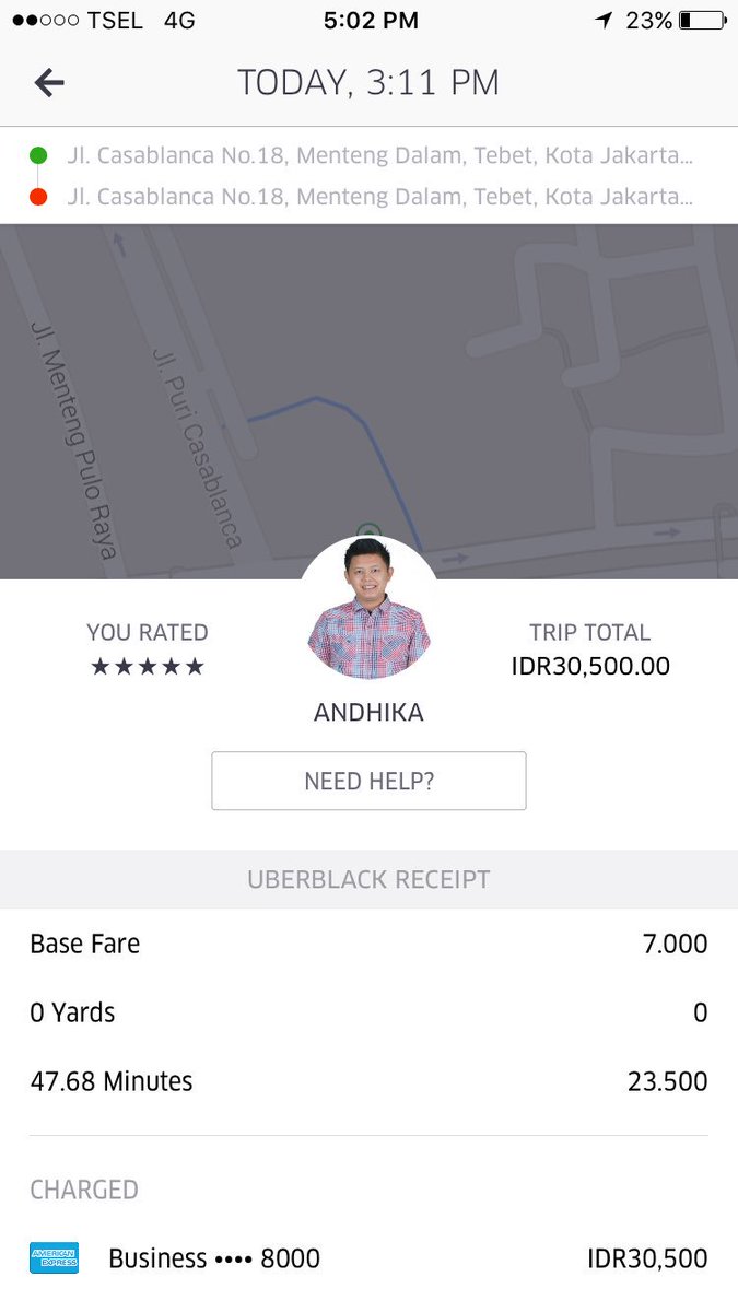 rudolfrinaldo's tweet photo. @Uber_JKT tolong diperbaiki angka tagihannya. Kasihan drivernya. Saya dari Casablanca tadi menuju Airport. https://t.co/rfjFAUU9RH