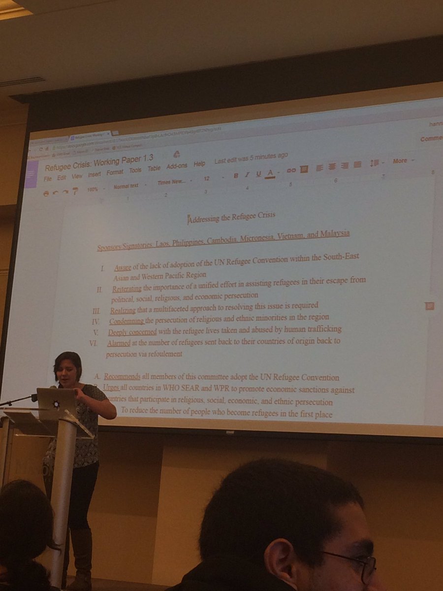 MasonWHOCNN's tweet photo. #seawpro's 1st proposal "recommends all members of this committee adopt the UN Refugee Convention" #MasonWHO2016 https://t.co/mYqLPpF6Qe