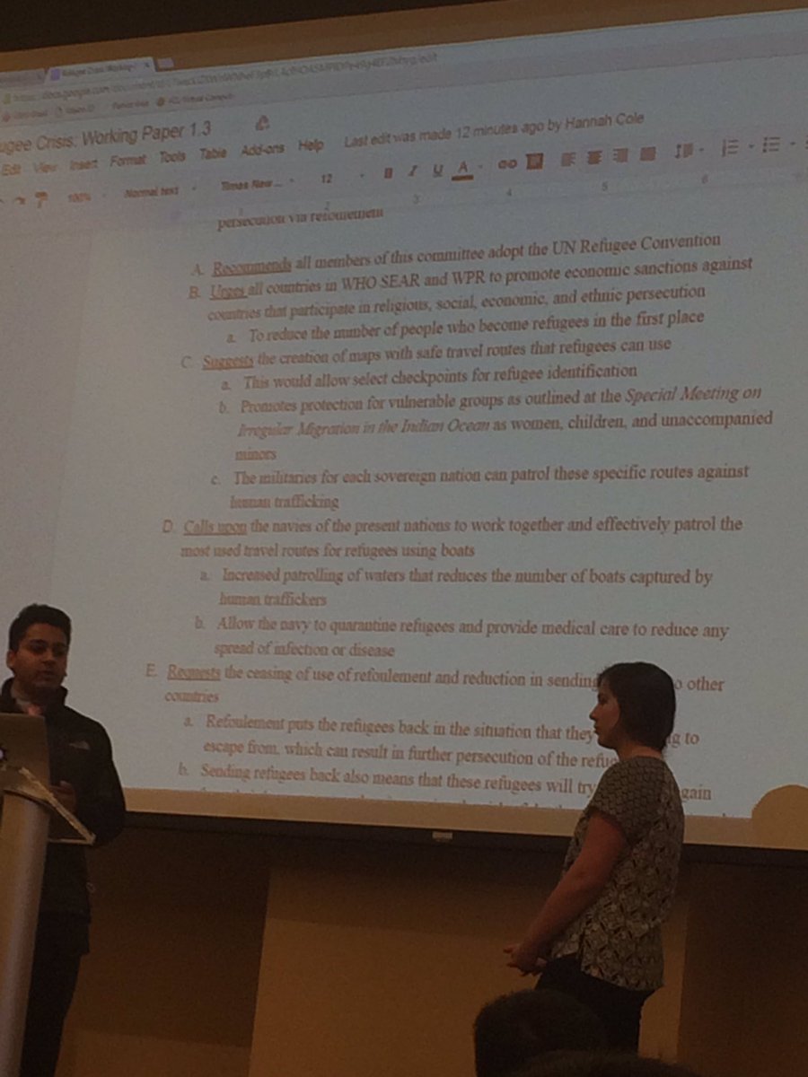 MasonWHOCNN's tweet photo. #SEAWPRO's 1st proposal: "suggest creation is maps with safe travel routes that refugee can use" #MasonWHO2016 https://t.co/Cbs7ybi0JL
