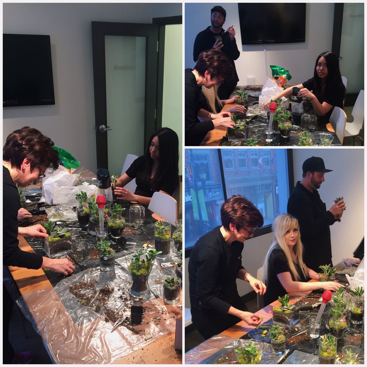 AvedaInstCanada's tweet photo. #Aveda403's Feb class prepping their @WaterAidCanada fundraising project. Come visit us and pick up a terrarium! 🍄🌱 https://t.co/yUCiLvKN9Z