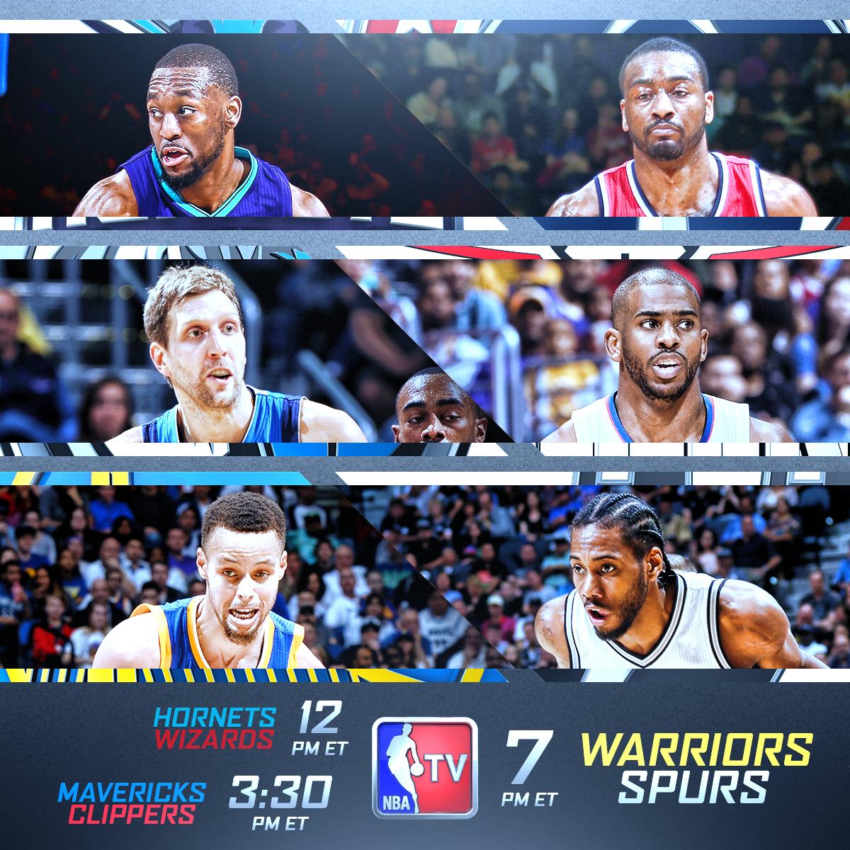 NBATV's tweet photo. NBATV triple-header today
📺12: @Hornets vs @WashWizards
📺3:30: @DallasMavs vs @LAClippers
📺7: @Warriors vs @Spurs https://t.co/SOmJW7Khxo