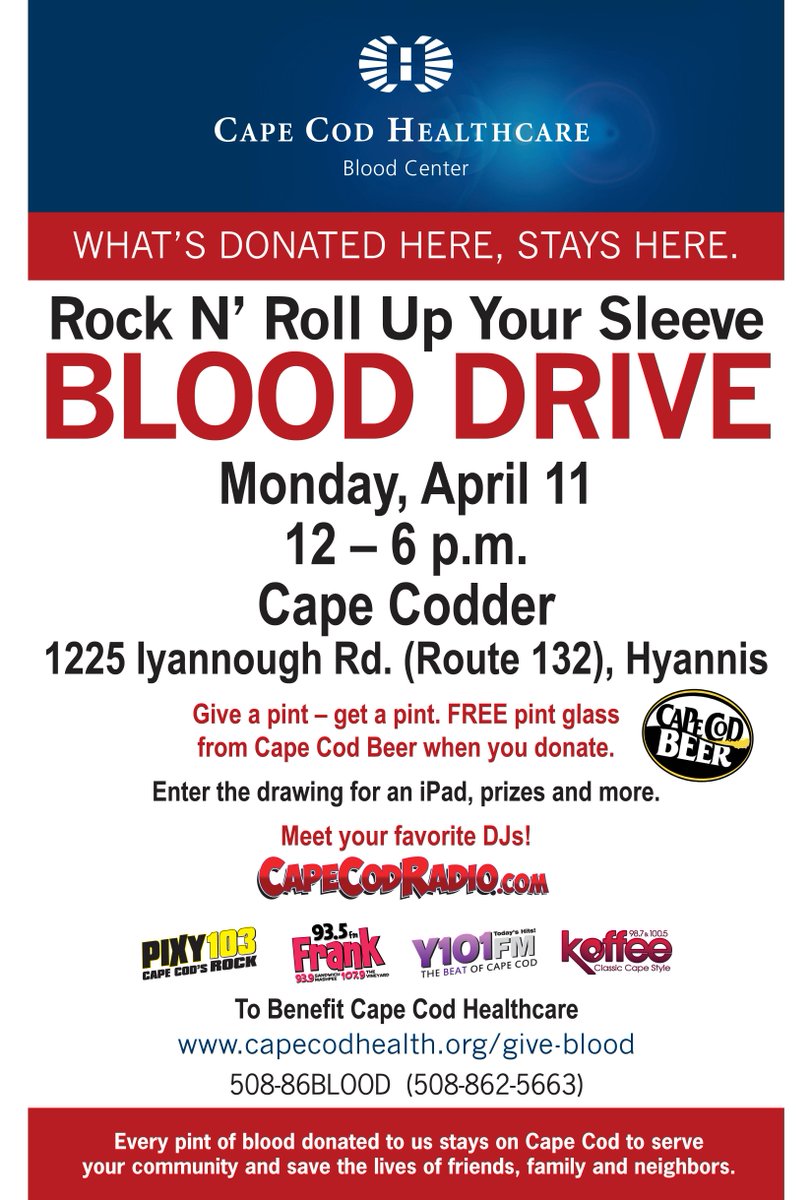 Give a pint - get a pint. Free Cape Cod Beer pint glass when you donate blood tomorrow at the Cape Codder!