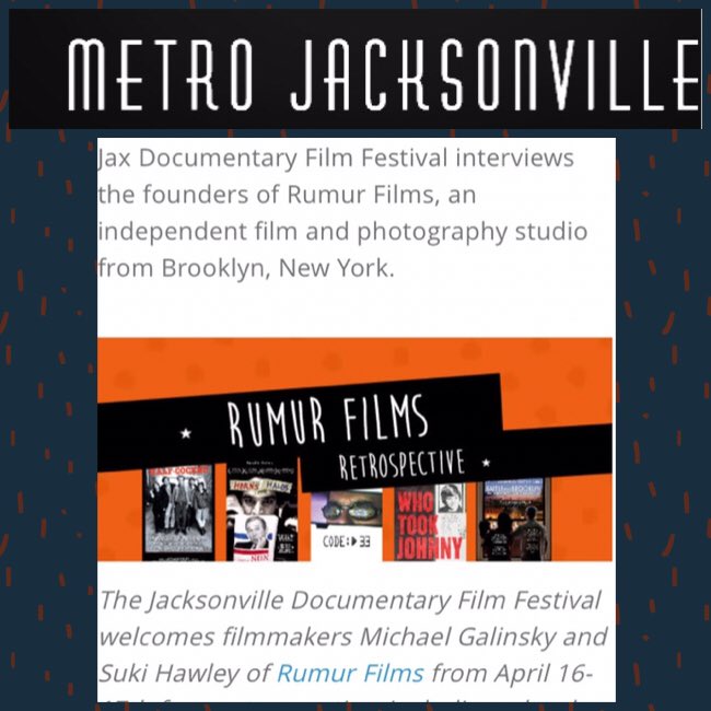 MT <a href="/jaxart/">Jax Art</a> <a href="/rumur/">Rumur, Inc.</a> Films Retrospectve <a href="/mgalinsk/">michael galinsky</a> SHawley <a href="/elizlawrence/">Elizabeth Lawrence</a> #jaxdocfest QA m.tbnn.it/L16TTV <a href="/metroj/">Metro J</a>