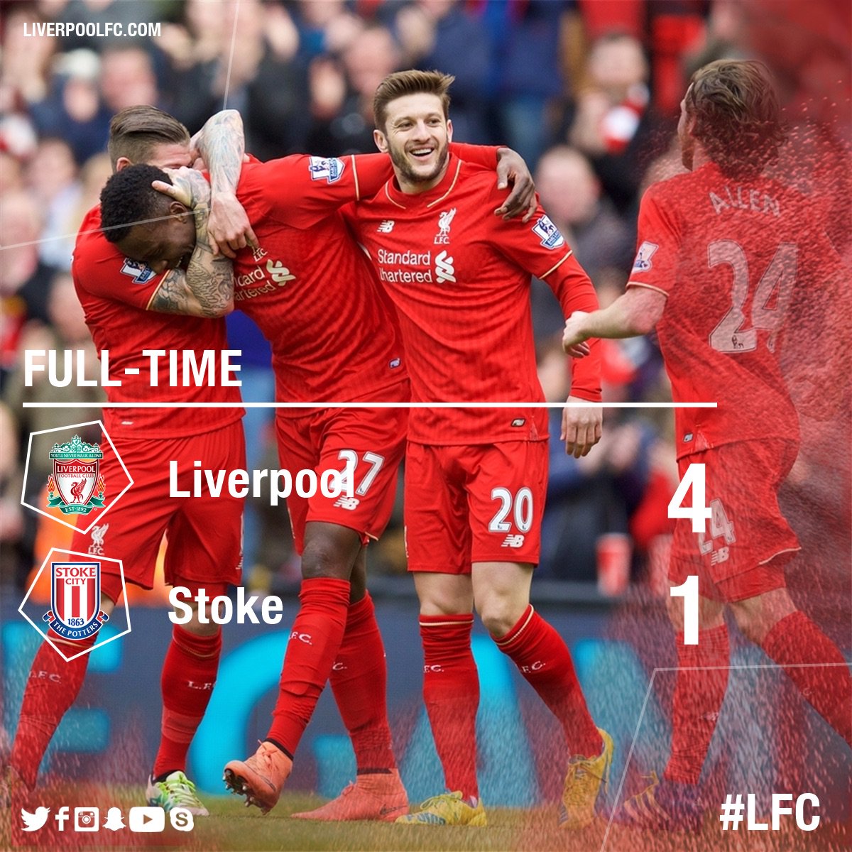 Liverpool FC (@lfc) on Twitter photo FULL-TIME: Goals from Moreno, Sturridge and Origi (2) secure a 4-1 win for #LFC over <a href="/stokecity/">Stoke City FC</a> FULL-TIME: Goals from Moreno, Sturridge and Origi (2) secure a 4-1 win for #LFC over <a href="/stokecity/">Stoke City FC</a>
