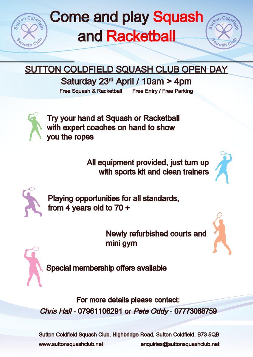 Sutton Coldfield Squash Club (@suttonsquash) on Twitter photo Come along and try Squash/Racketball at our OPEN DAY on Sat 23rd April 10am-4pm <a href="/englandsr/">England Squash</a> @SportEngland @suttonobs Come along and try Squash/Racketball at our OPEN DAY on Sat 23rd April 10am-4pm <a href="/englandsr/">England Squash</a> @SportEngland @suttonobs