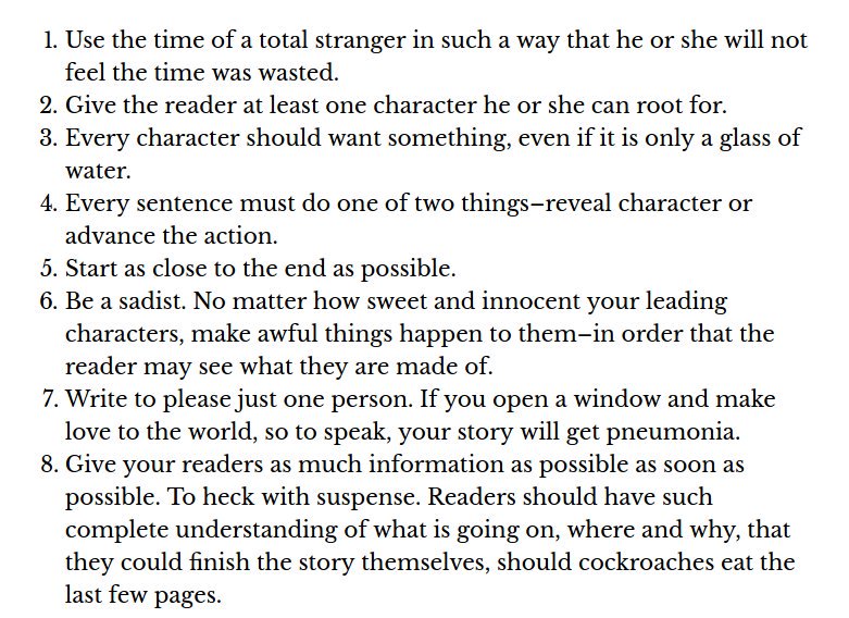doctorow's tweet image. Kurt Vonnegut’s 8 tips on how to write a good short story #1yrago
boingboing.net/2015/04/10/kur…