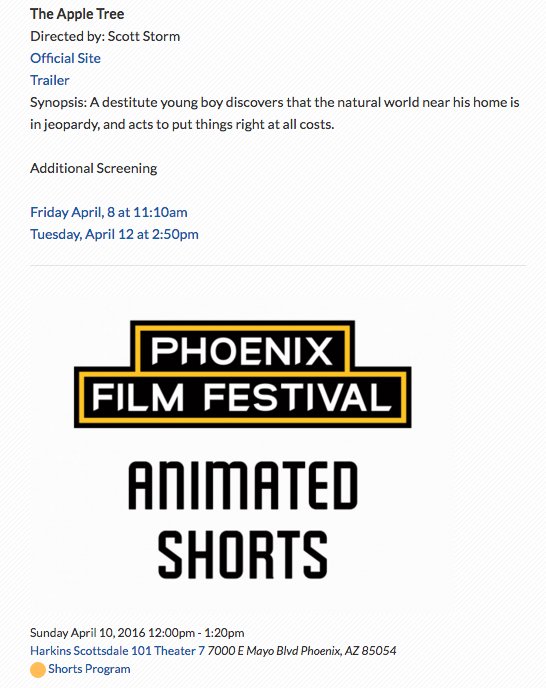 AppleTreeMovie's tweet image. Don't miss writer/director/animator @stormwatcher6 at today's screening, @PhoenixFilmFest ! #animation #shortfilm