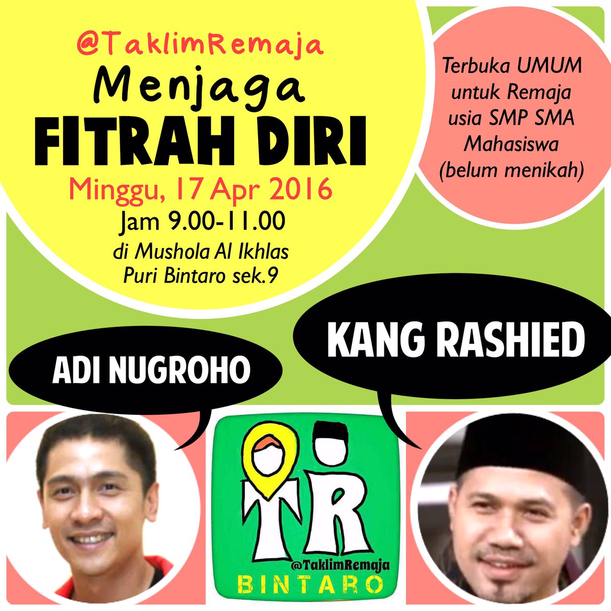 TaklimRemaja's tweet photo. Yuk Menjaga Fitrah Diri w @KangRashied @AdiNugrohoST di @TaklimRemaja | cc @teukuwisnu2 @dewisandra @Kicaubintaro https://t.co/qhKyIYyclv