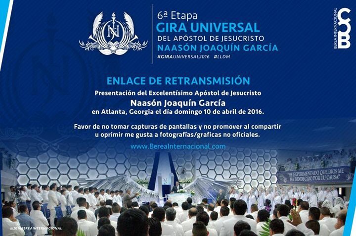 BereaInter's tweet photo. ENLACE DE RETRANSMISIÓN 

Presentación del Apóstol de Jesucristo

https://t.co/siTxgNd6LJ

#UniversalTour2016
#LLDM https://t.co/2gNQCHGjtV