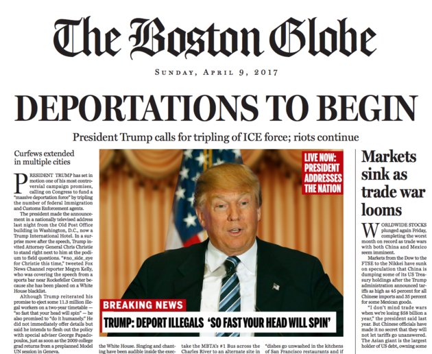 HuffPostAU's tweet image. The @BostonGlobe takes @realDonaldTrump at his word with fake front page huff.to/22n6w13
