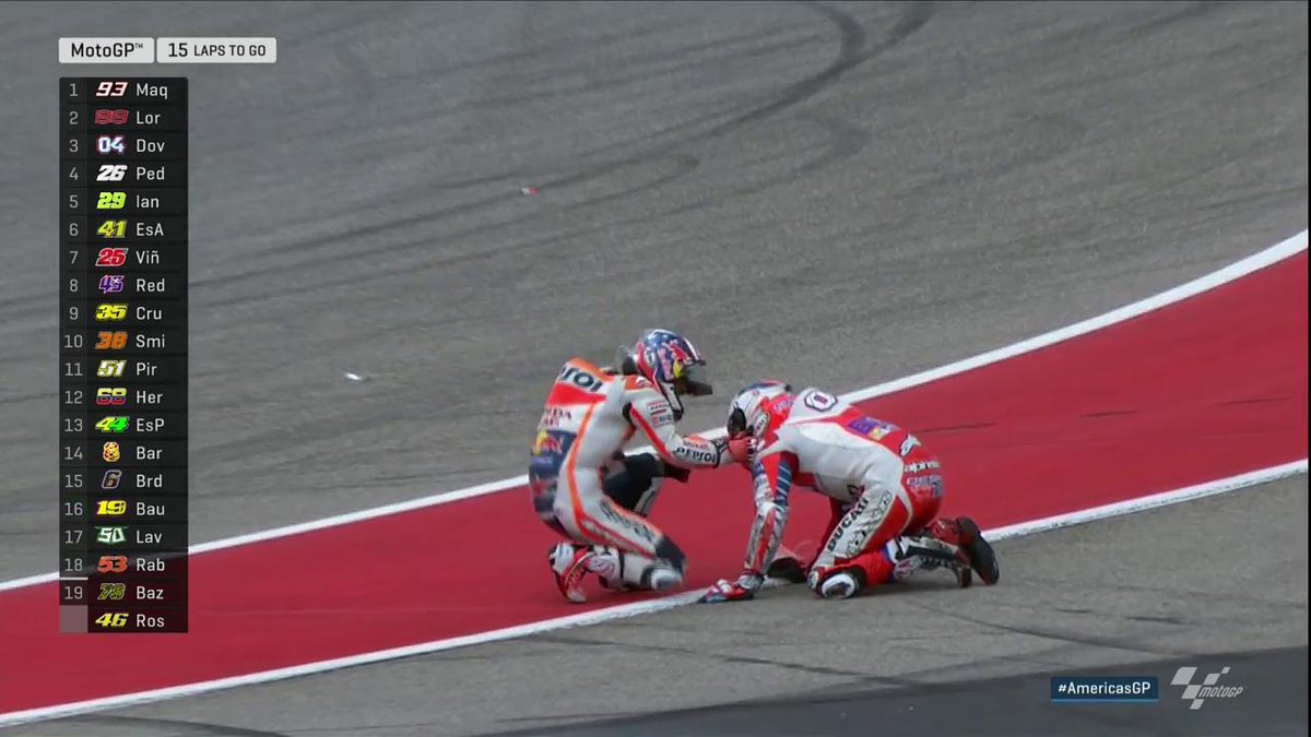 MotoGP's tweet photo. #DP26 and #AD04 down at turn one as Pedrosa loses the front! 

A hard hit but both OK, Pedrosa rejoins. #AmericasGP https://t.co/lytSPz16kb