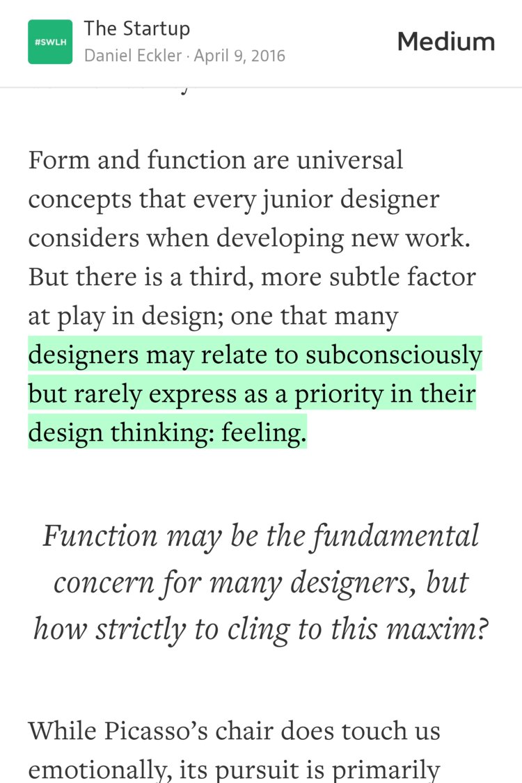 “…designers may relate to subconsciously but rarely express as a priority in their design thinking: feeling.” from “The Future of Design is Emotional” by Daniel Eckler.