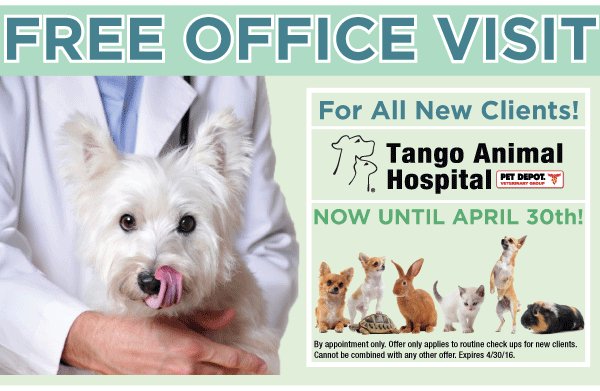 TangoPetDepot's tweet photo. Come to @TangoAnimalHosp for a #free office visit for all new #Clients ! #customerapprecationweek #VetMed https://t.co/zqgHbZodsu