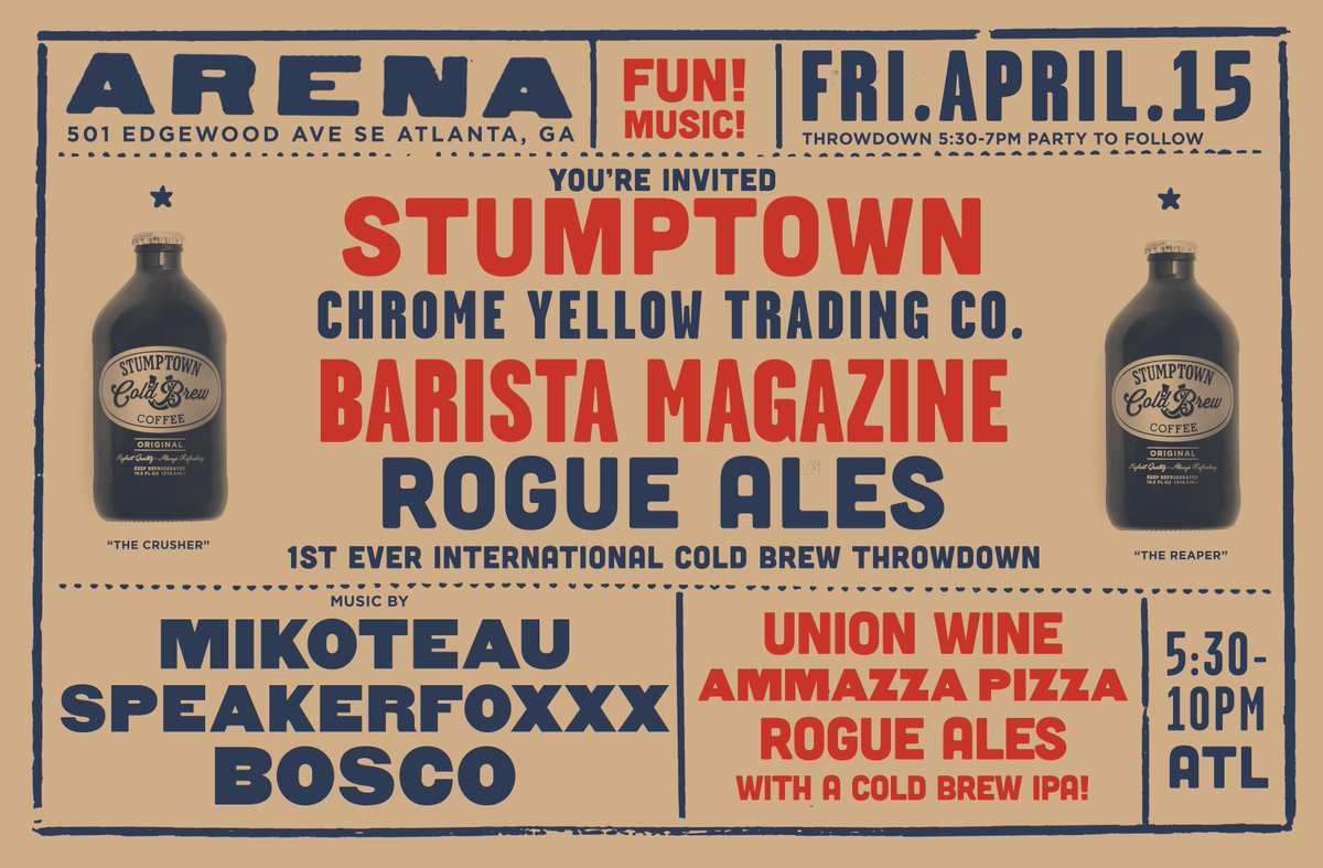 We're throwing a party in #Atlanta next week with our pals <a href="/baristamagazine/">Barista Magazine</a> <a href="/chromeyellow/">Chrome Yellow</a> and <a href="/RogueAles/">Rogue Ales & Spirits</a>. Join us!