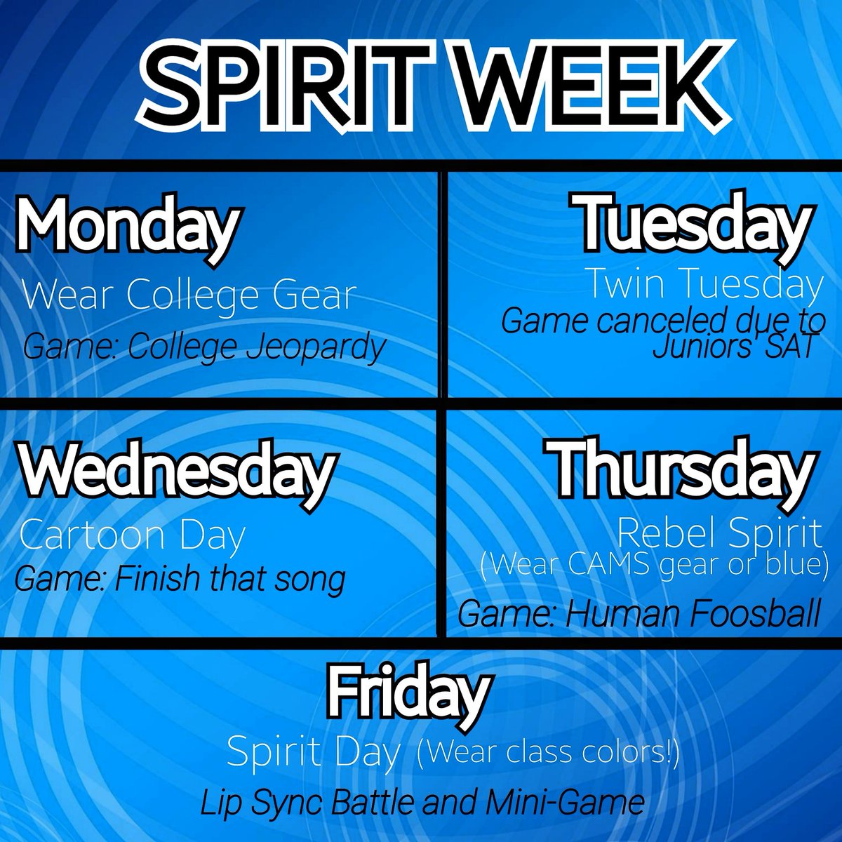 CAMSASB's tweet photo. SPIRIT WEEK begins tomorrow! Please see the pdf (sent out via loopmail and posted in CAMS Updates) for all info. https://t.co/gH45tdhkuW