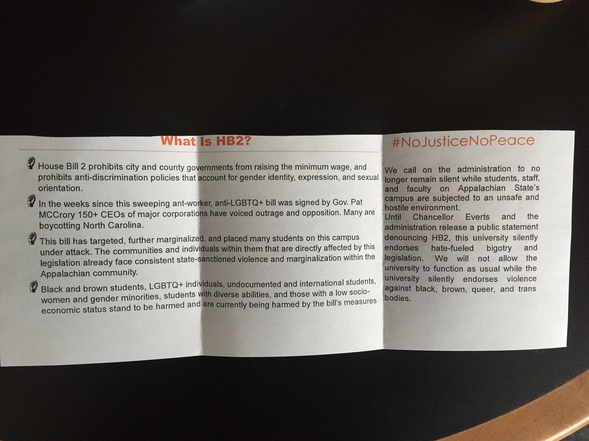 AppStudentPower's tweet photo. Check out the literature we're handing out at the event. Starts in a few minutes!!! #AppState #AppStateAgainstHB2 https://t.co/Oer1FNIYDg