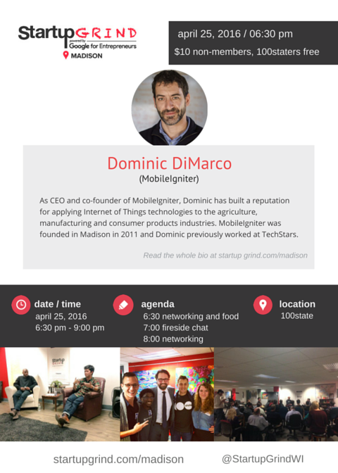 Early-bird sale ends tomorrow! 50% off startupgrind.com/madison Fireside chat with <a href="/MobileIgniter/">MobileIgniter</a> cofounder <a href="/100State/">100state</a>